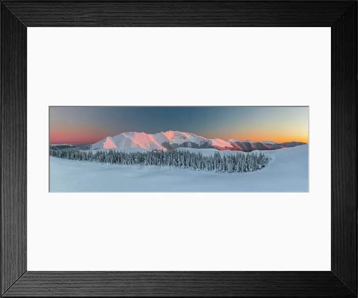 Framed Print : Panoramic winter view of the massif of Viglio mountain covered with snow at sunset, Simbruini regional park, Apennines, Latium (Lazio), Italy, Europe