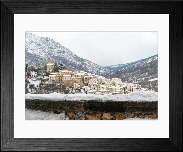 Framed Print : Medieval stone village under heavy snowfall, Anversa degli Abruzzi, L'Aquila province, Abruzzo region, Apennines mountain range, Italy, Europe Framed Print : Medieval stone village under heavy snowfall, Anversa degli Abruzzi, L'Aquila province, Abruzzo region, Apennines mountain range, Italy, Europe