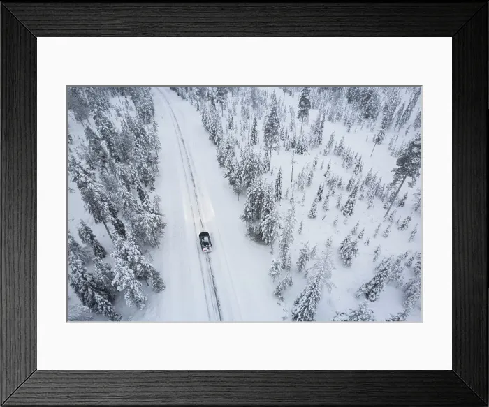 Framed Print : Aerial shot of a car crossing the boreal forest covered with snow, Akaslompolo, Finnish Lapalnd, Finland, Scandinavia, Europe Framed Print : Aerial shot of a car crossing the boreal forest covered with snow, Akaslompolo, Finnish Lapalnd, Finland, Scandinavia, Europe