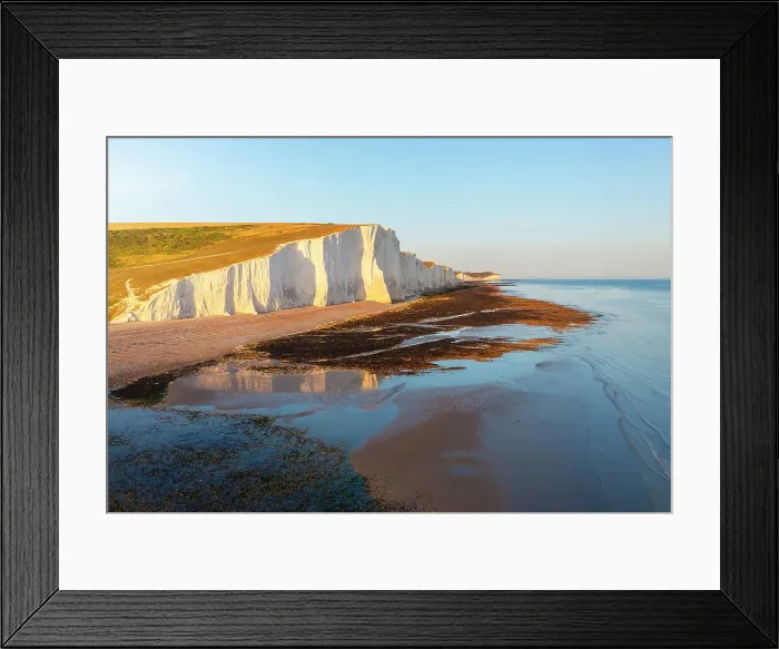 Framed Print : Aerial view of Seven Sisters chalk cliffs at sunset, South Downs National Park, East Sussex, England, United Kingdom, Europe Framed Print : Aerial view of Seven Sisters chalk cliffs at sunset, South Downs National Park, East Sussex, England, United Kingdom, Europe