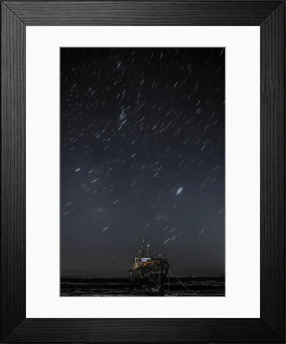 Framed Print : Star trails above the derelict trawler Vita Nova, from the Cumbrian Coast, Furness Peninsula, Cumbria, England, United Kingdom, Europe Framed Print : Star trails above the derelict trawler Vita Nova, from the Cumbrian Coast, Furness Peninsula, Cumbria, England, United Kingdom, Europe