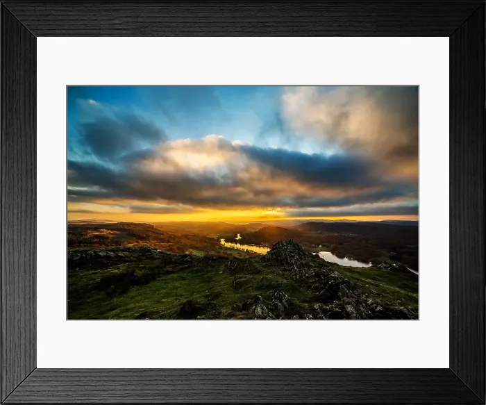 Framed Print : Dramatic sunset from Gummers How and view across Windermere towards the Furness fells, Lake District National Park, UNESCO World Heritage Site, Cumbria, England, United Kingdom, Europe Framed Print : Dramatic sunset from Gummers How and view across Windermere towards the Furness fells, Lake District National Park, UNESCO World Heritage Site, Cumbria, England, United Kingdom, Europe