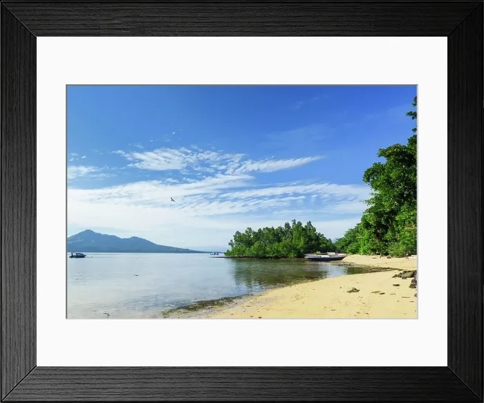 Framed Print : View to mainland and Gunung Tumpa at an eastern beach on this coral fringed holiday island, Bunaken, North Sulawesi, Indonesia, Southeast Asia, Asia Framed Print : View to mainland and Gunung Tumpa at an eastern beach on this coral fringed holiday island, Bunaken, North Sulawesi, Indonesia, Southeast Asia, Asia