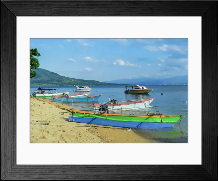 Framed Print : Outrigger canoes and launches at this coral fringed holiday island and scuba diving destination, Bunaken Island, Sulawesi, Indonesia, Southeast Asia, Asia Framed Print : Outrigger canoes and launches at this coral fringed holiday island and scuba diving destination, Bunaken Island, Sulawesi, Indonesia, Southeast Asia, Asia