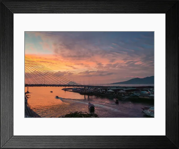 Framed Print : Manado port and Soekarno Bridge with Manadotua Island beyond at sunset in provincial capital of Sulawesi's far north, Manado, North Sulawesi, Indonesia, Southeast Asia, Asia Framed Print : Manado port and Soekarno Bridge with Manadotua Island beyond at sunset in provincial capital of Sulawesi's far north, Manado, North Sulawesi, Indonesia, Southeast Asia, Asia