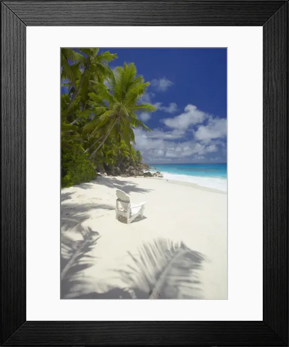 Framed Print : Adirondack chair and tropical beach, Seychelles, Indian Ocean, Africa