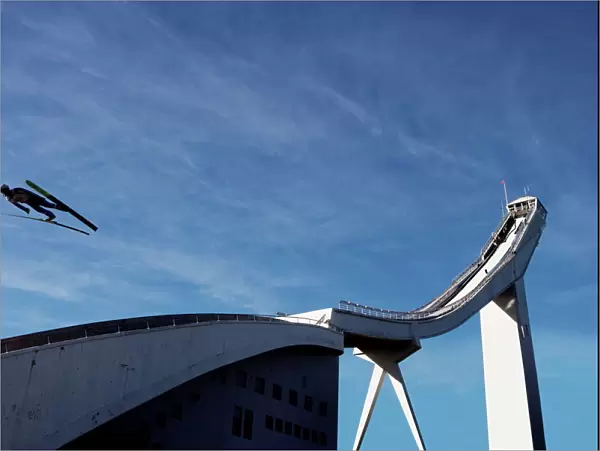 Ski jumper, blue sky and ski jump, Oslo, Norway, Scandinavia, Europe