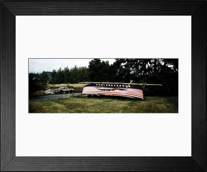 Framed Print : Upturned derelict boat with stars and stripes painted on hull, Washington state Framed Print : Upturned derelict boat with stars and stripes painted on hull, Washington state
