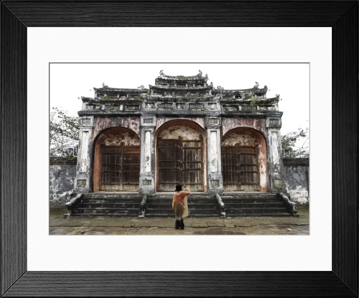 Framed Print : Woman taking photo of temple gates, Vietnam, Indochina, Southeast Asia, Asia