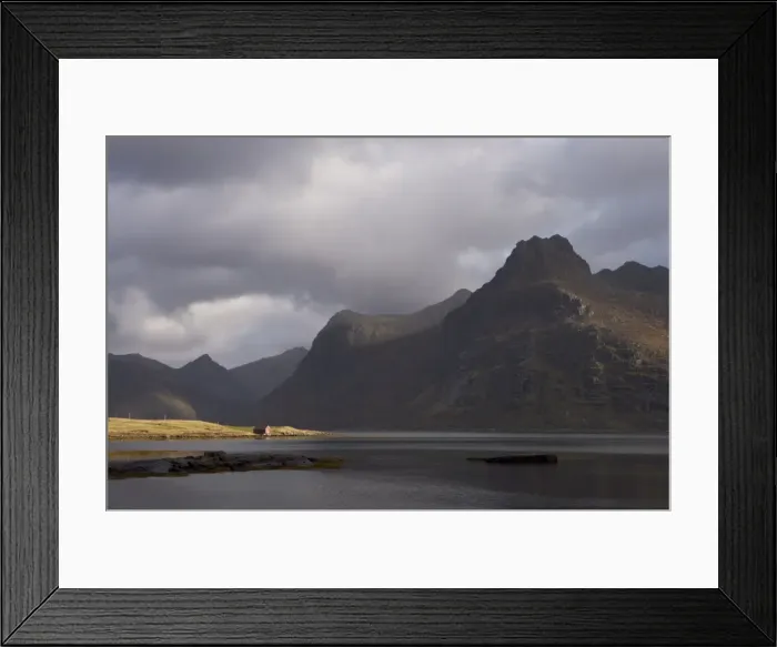 Framed Print : Red hut on bank of Fjord, Lofoten Islands, Norway, Scandinavia, Europe Framed Print : Red hut on bank of Fjord, Lofoten Islands, Norway, Scandinavia, Europe