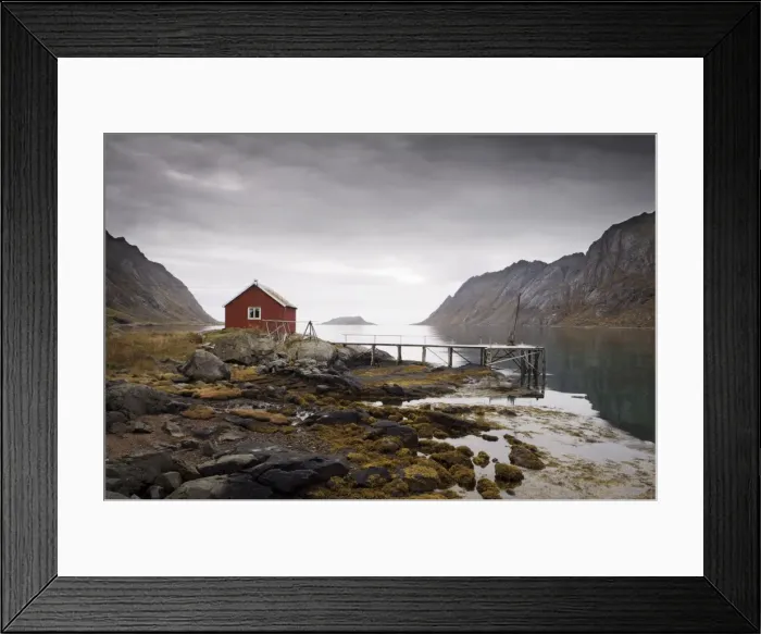 Framed Print : Rorbu (fishermans hut) and jetty on fjord, Lofoten Islands, Norway Framed Print : Rorbu (fishermans hut) and jetty on fjord, Lofoten Islands, Norway