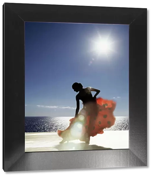 Flamenco dancing by sea in full sunlight, Ibiza, Spain, Europe