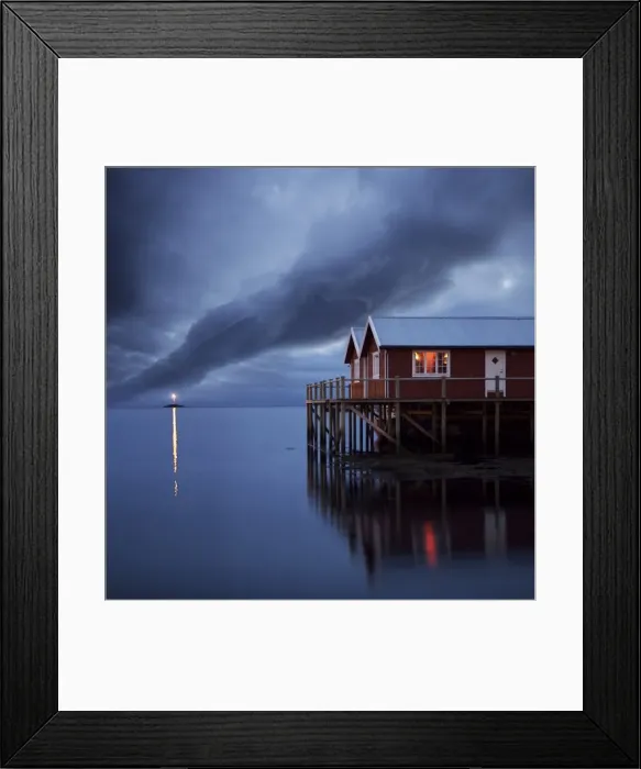 Framed Print : Rorbuer on stilts at dusk with lighthouse, Lofoten Islands, Norway, Scandinavia, Europe Framed Print : Rorbuer on stilts at dusk with lighthouse, Lofoten Islands, Norway, Scandinavia, Europe