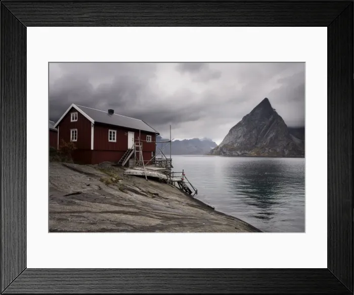 Framed Print : Rorbuer (fishermens huts) on fjord with mountains, Lofoten Islands Framed Print : Rorbuer (fishermens huts) on fjord with mountains, Lofoten Islands