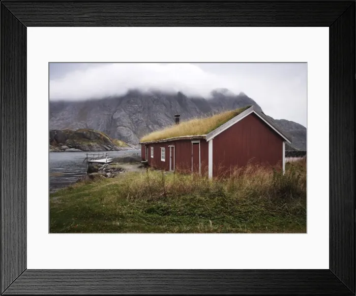 Framed Print : Rorbu (fishermans hut) with grass roof by fjord, Lofoten Islands, Norway Framed Print : Rorbu (fishermans hut) with grass roof by fjord, Lofoten Islands, Norway