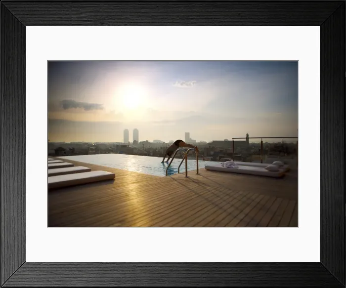 Framed Print : Man diving into rooftop pool, Barcelona, Catalonia, Spain, Europe Framed Print : Man diving into rooftop pool, Barcelona, Catalonia, Spain, Europe