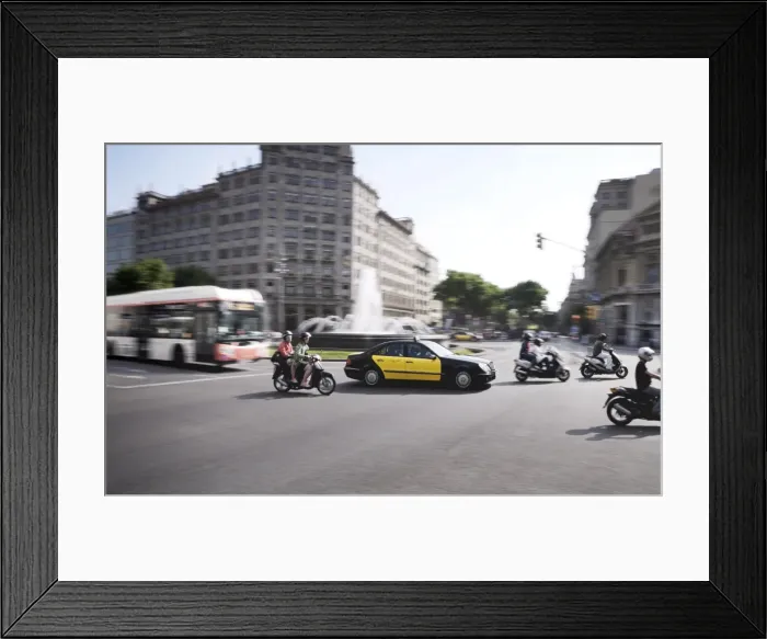 Framed Print : Mopeds, taxi and bus, Barcelona, Catalonia, Spain, Europe Framed Print : Mopeds, taxi and bus, Barcelona, Catalonia, Spain, Europe