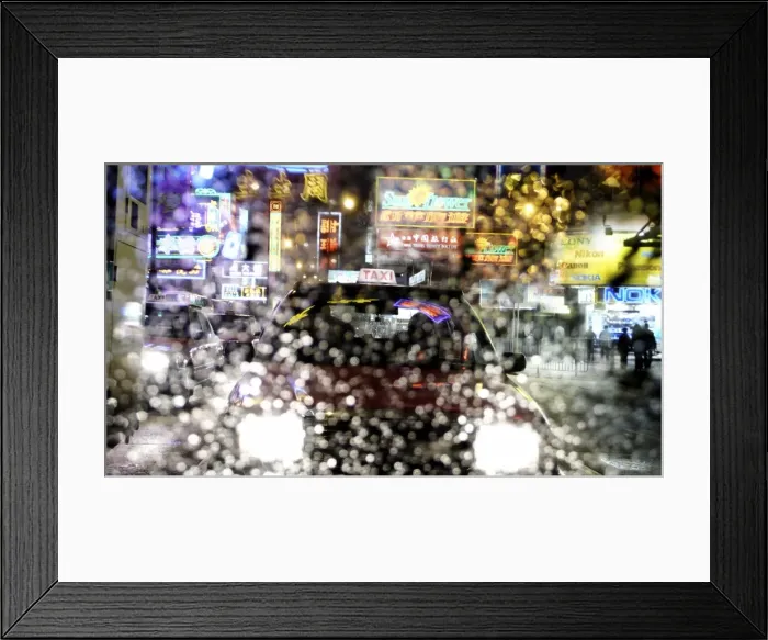 Framed Print : Taxis and traffic with neon signs through water droplets on screen, Hong Kong Framed Print : Taxis and traffic with neon signs through water droplets on screen, Hong Kong
