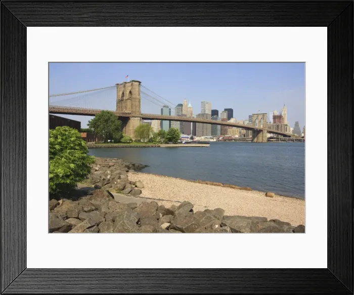 Framed Print : Brooklyn Bridge spanning the East River and Lower Manhattan skyline, from Empire-Fulton Ferry State Park, Brooklyn, New York City, New York, United States of America Framed Print : Brooklyn Bridge spanning the East River and Lower Manhattan skyline, from Empire-Fulton Ferry State Park, Brooklyn, New York City, New York, United States of America