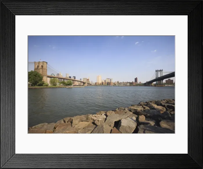 Framed Print : Brooklyn Bridge and Manhattan Bridge spanning the East River, from Empire-Fulton Ferry State Park Framed Print : Brooklyn Bridge and Manhattan Bridge spanning the East River, from Empire-Fulton Ferry State Park