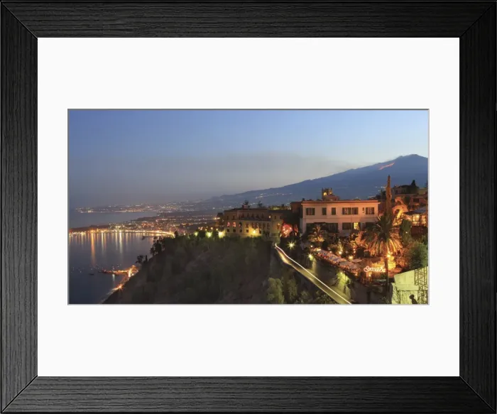 Framed Print : View from Taormina at dusk of coast and Mount Etna, Sicily, Italy, Europe Framed Print : View from Taormina at dusk of coast and Mount Etna, Sicily, Italy, Europe