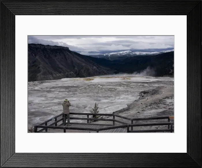 Framed Print : Tourist viewing geysers, Yellowstone National Park, UNESCO World Heritage Site Framed Print : Tourist viewing geysers, Yellowstone National Park, UNESCO World Heritage Site