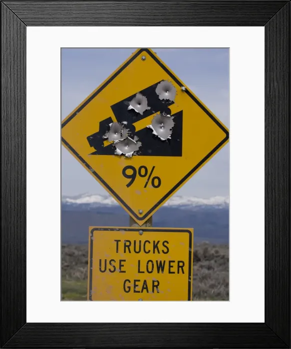 Framed Print : Bullet holes in road sign, Pinedale, Wyoming, United States of America, North America Framed Print : Bullet holes in road sign, Pinedale, Wyoming, United States of America, North America
