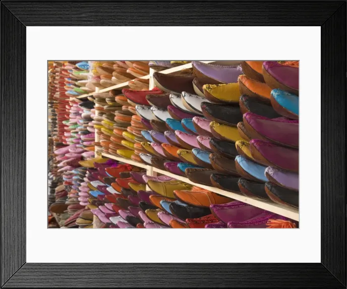 Framed Print : Traditional leather shoes on sale in a shop next to the tannery, Fez, Morocco Framed Print : Traditional leather shoes on sale in a shop next to the tannery, Fez, Morocco