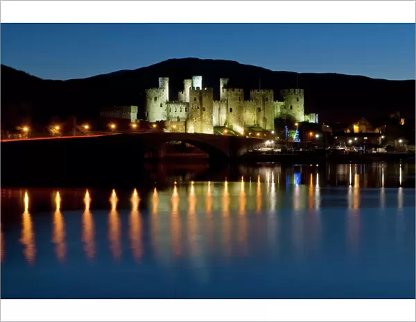 Conwy Castle and town at dusk, Conwy, Wales, United Kingdom, Europe