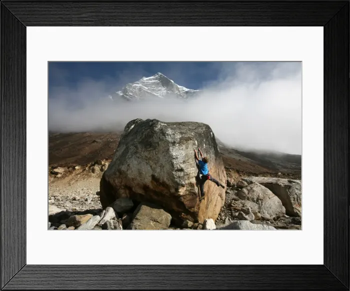 Framed Print : A climber tackles a difficult boulder problem on the glacial moraine at Tangnag Framed Print : A climber tackles a difficult boulder problem on the glacial moraine at Tangnag