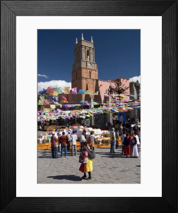 Framed Print : Decorations for the Day of the Dead festival, with Iglesia de San Rafael in the background Framed Print : Decorations for the Day of the Dead festival, with Iglesia de San Rafael in the background