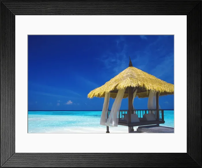 Framed Print : Jetty with straw roof, Maldives, Indian Ocean, Asia Framed Print : Jetty with straw roof, Maldives, Indian Ocean, Asia