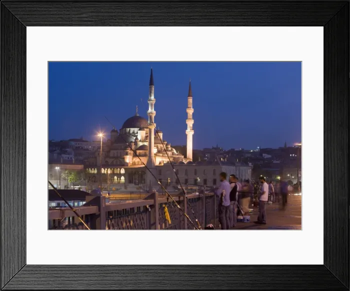 Framed Print : Fishermen on Galata Bridge, New Mosque illuminated in the evening, Istanbul Framed Print : Fishermen on Galata Bridge, New Mosque illuminated in the evening, Istanbul