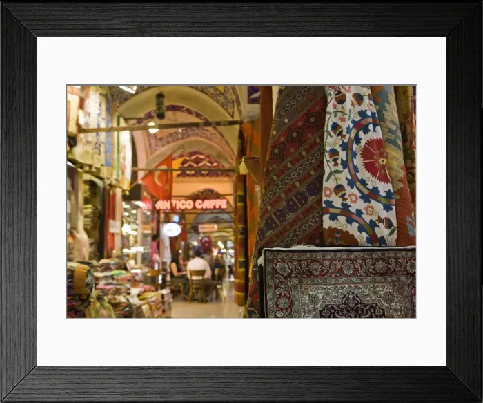 Framed Print : Traditional rugs with cafe in the background, Grand Bazaar, Istanbul, Turkey, Europe Framed Print : Traditional rugs with cafe in the background, Grand Bazaar, Istanbul, Turkey, Europe