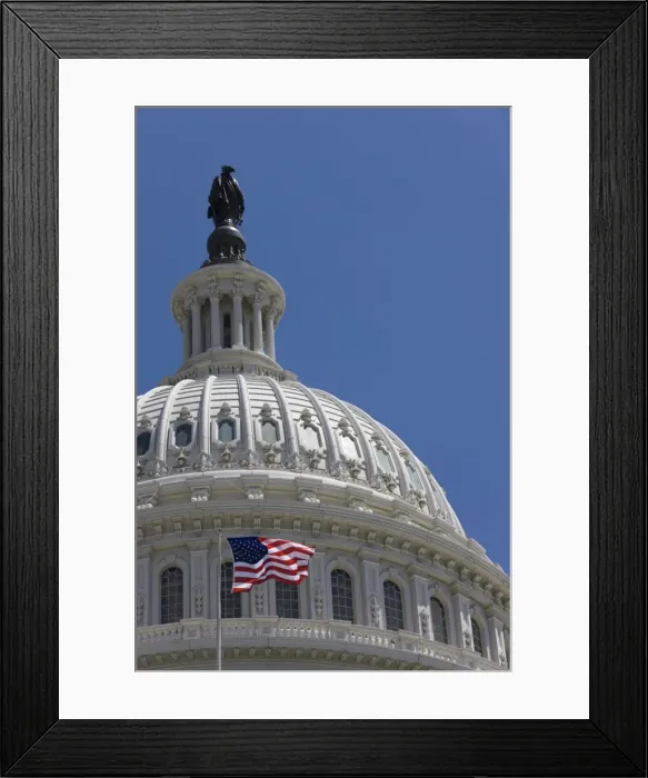 Framed Print : Stars and Stripes flag in front of the dome of the U. S. Capitol Building, Washington D Framed Print : Stars and Stripes flag in front of the dome of the U. S. Capitol Building, Washington D