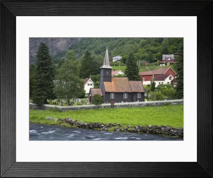 Framed Print : Flam church dating from 1670, and Flamsdalen Valley River, Flam, Sognefjorden Framed Print : Flam church dating from 1670, and Flamsdalen Valley River, Flam, Sognefjorden