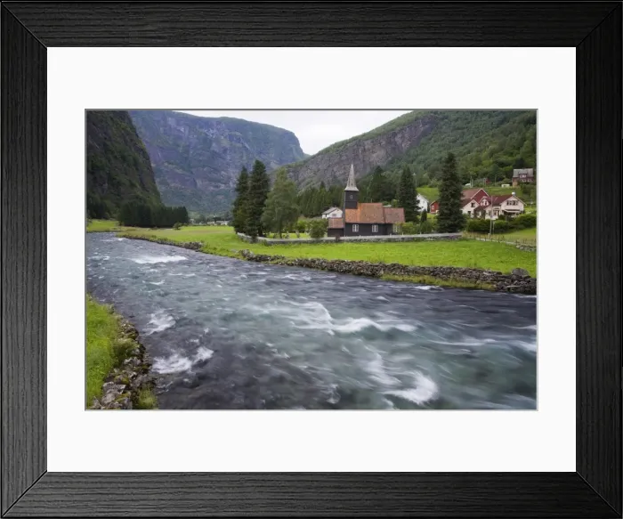 Framed Print : Flam church dating from 1670, and Flamsdalen Valley River, Flam, Sognefjorden Framed Print : Flam church dating from 1670, and Flamsdalen Valley River, Flam, Sognefjorden