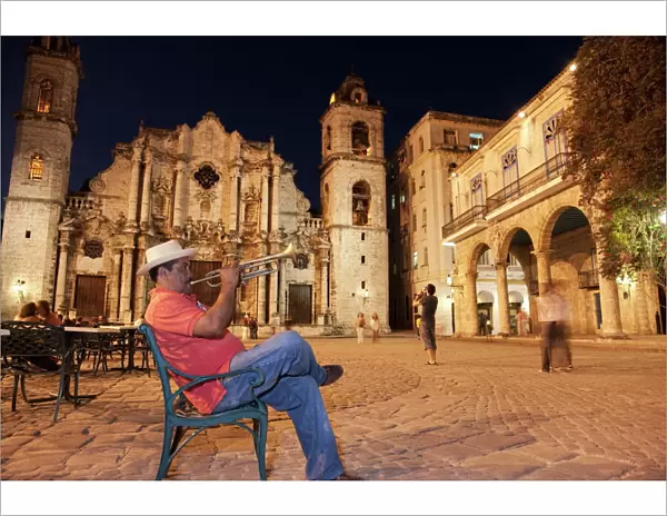 Trumpet player, Plaza de la Catedral, Havana, Cuba, West Indies, Central America