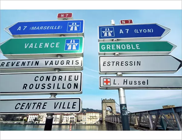 Road sign, Pont de la Passerelle, River Rhone, Vienne, Rhone Valley, France