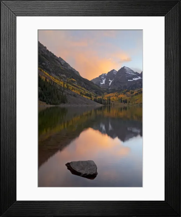 Framed Print : Maroon Bells with fall colors during a clearing storm in the evening, White River National Forest Framed Print : Maroon Bells with fall colors during a clearing storm in the evening, White River National Forest
