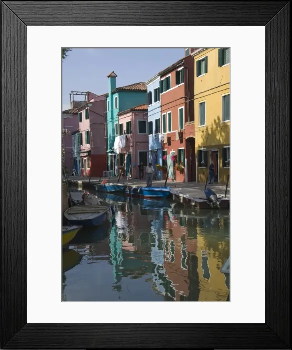 Framed Print : Pastel coloured houses reflected in a canal, Burano, Venetian Lagoon, Venice Framed Print : Pastel coloured houses reflected in a canal, Burano, Venetian Lagoon, Venice