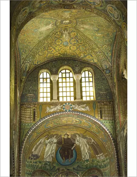 An interior showing extensive mosaic work, 6th century Chiesa di San Vitale