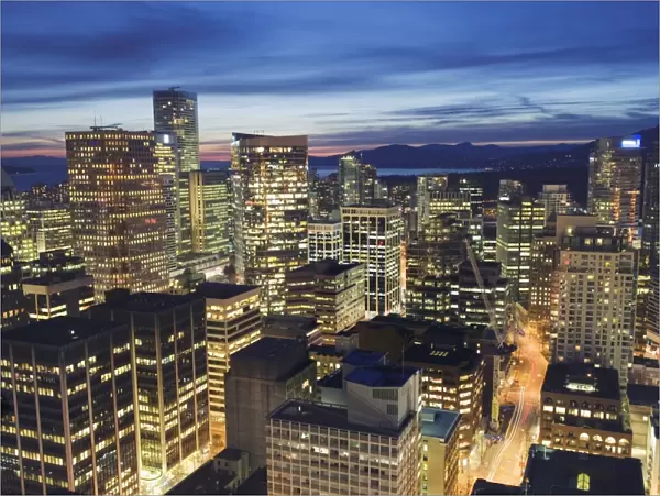 Aerial view of downtown at night, Vancouver, British Columbia, Canada, North America