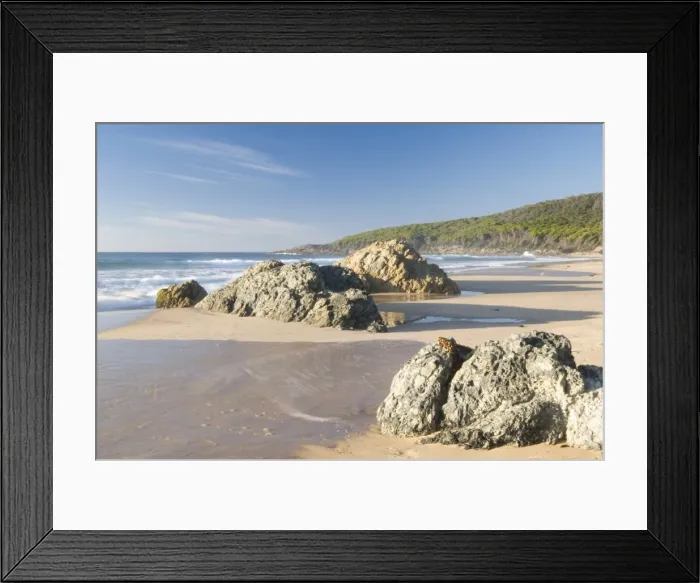 Framed Print : Beach at sunrise along Tasman Sea coast, part of the Pacific Ocean, Mimosa Rocks National Park