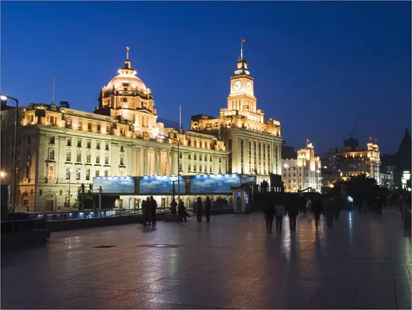 Historical colonial style buildings illuminated on The Bund, Shanghai, China, Asia