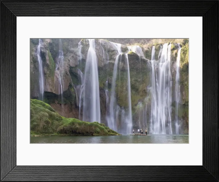Framed Print : Tourists on a bamboo raft under Jiulong Falls (Nine Dragon waterfall), Luoping Framed Print : Tourists on a bamboo raft under Jiulong Falls (Nine Dragon waterfall), Luoping