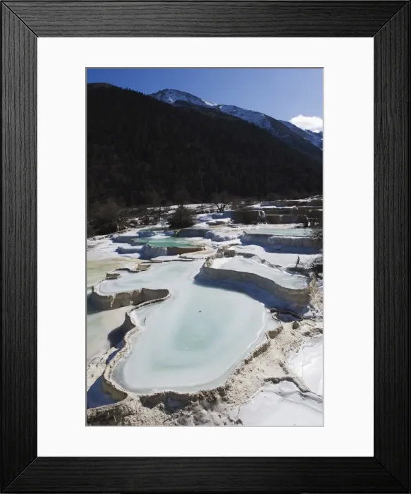 Framed Print : Colourful pools of calcite deposit frozen at Huanglong National Park, UNESCO World Heritage Site Framed Print : Colourful pools of calcite deposit frozen at Huanglong National Park, UNESCO World Heritage Site
