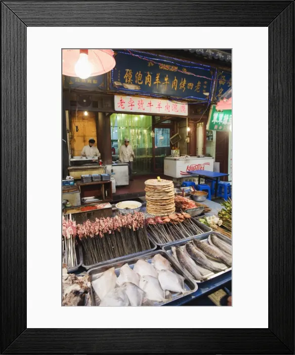 Framed Print : Barbeque food at a street market in the Muslim area of Xian, Shaanxi Province Framed Print : Barbeque food at a street market in the Muslim area of Xian, Shaanxi Province