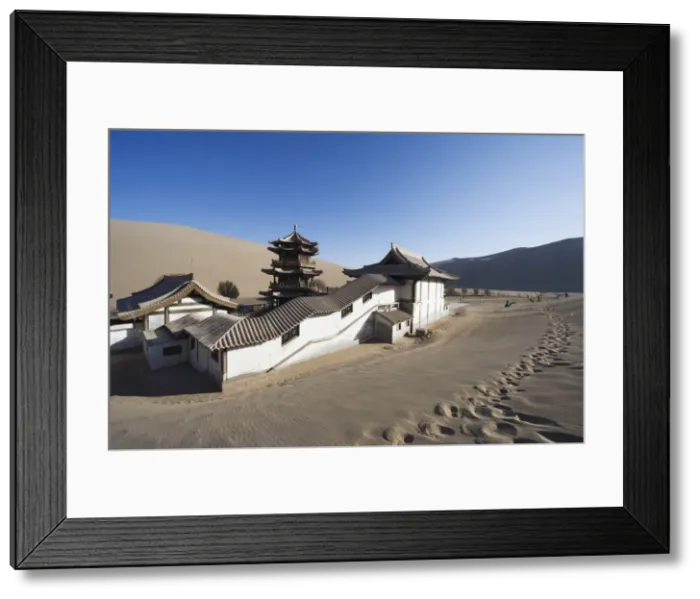 Framed Print : Ming Sha sand dunes and pavilion at Crescent Moon Lake, Dunhuang, Gansu Province Framed Print : Ming Sha sand dunes and pavilion at Crescent Moon Lake, Dunhuang, Gansu Province