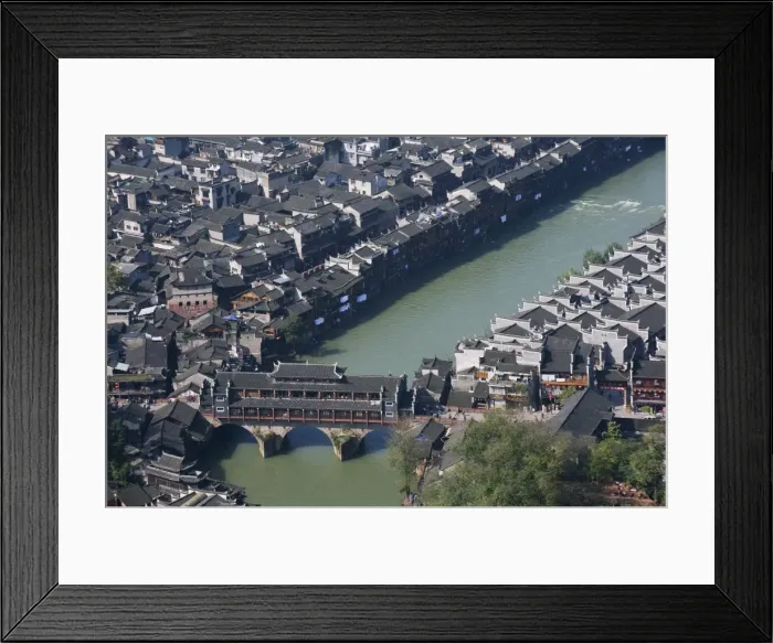 Framed Print : Looking down on a wind and rain bridge in the old town of Fenghuang, Hunan Province